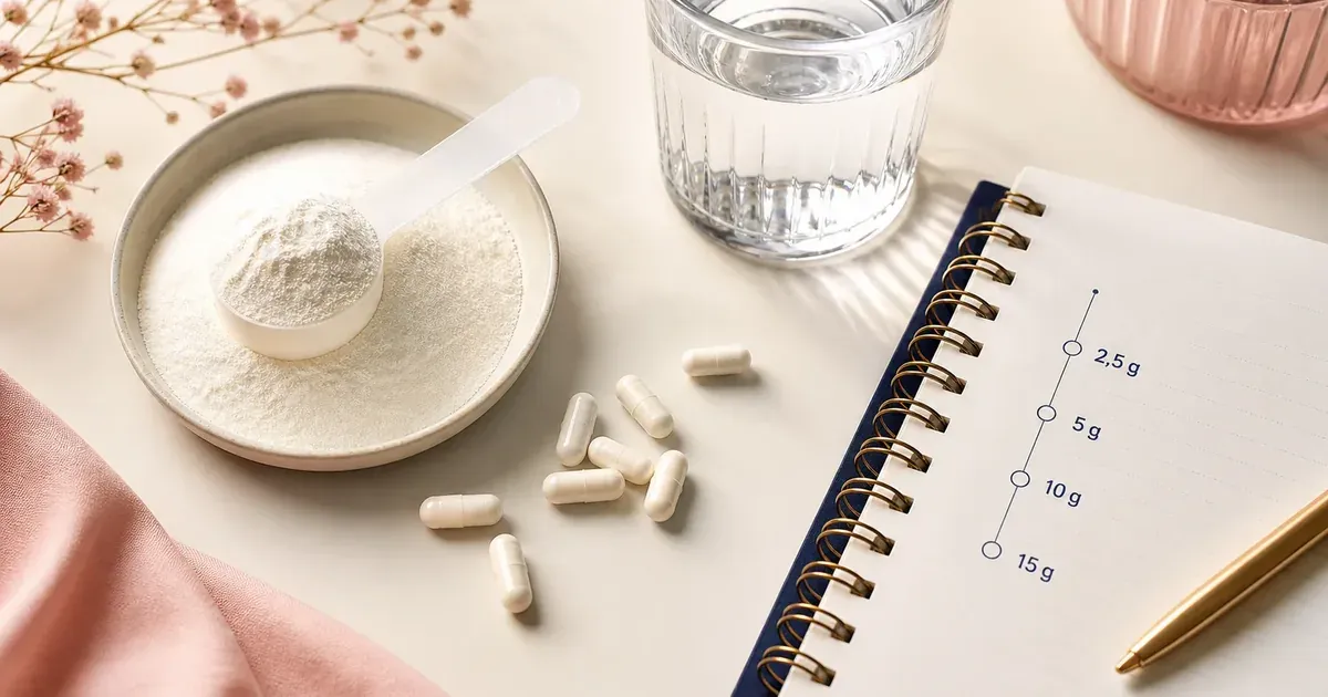 Cuillère doseuse, gélules et carnet de repères 2,5 à 15 g pour ajuster le dosage collagène