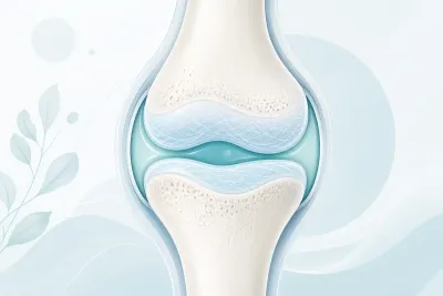 Articulation du genou avec cartilage bleu illustrant le rôle du collagène de type II dans la mobilité