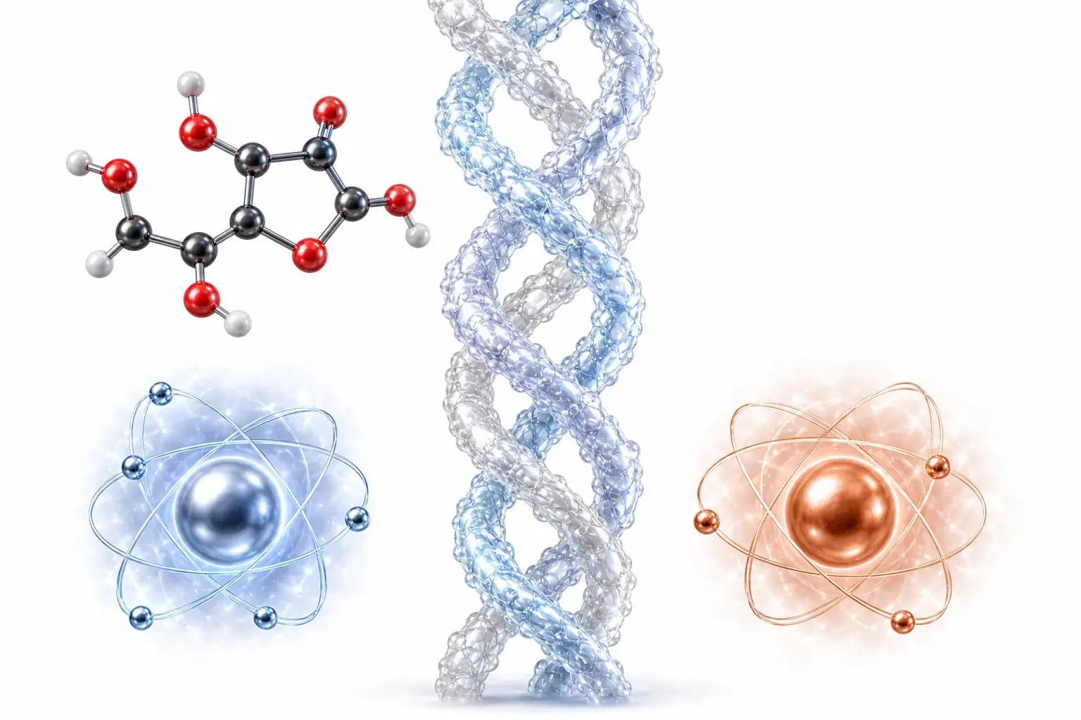 Triple hélice de collagène entourée d'une molécule de vitamine C et de cofacteurs zinc et cuivre