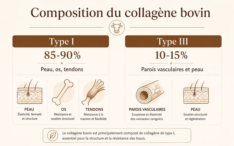 Schéma comparatif des types de collagène bovin — type I pour la peau et les os, type III pour les vaisseaux et la peau