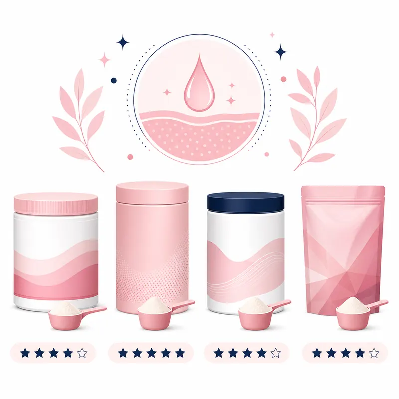 Quatre formats de collagène en poudre rose et bleu marine comparés par notes de quatre à cinq étoiles