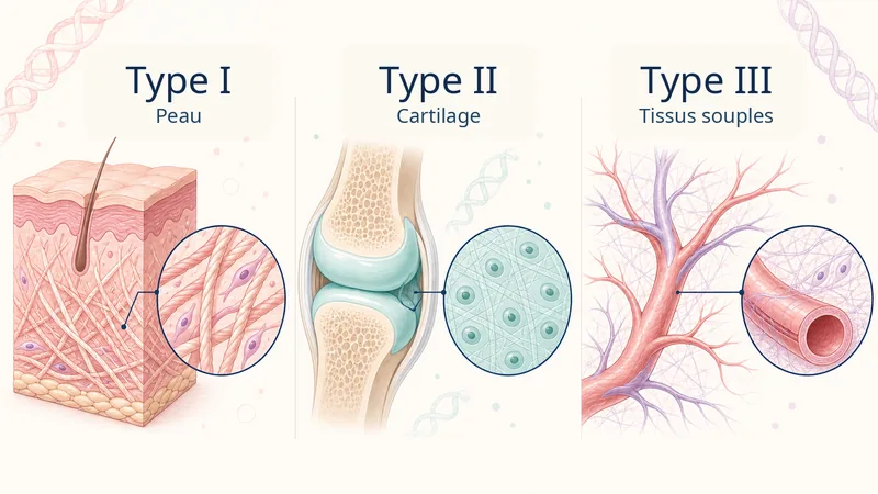 Schéma des types de collagène I, II et III associés à la peau, au cartilage et aux tissus souples